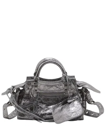 Pre-owned Balenciaga 2022 Xs Metallic Lambskin Motocross Neo Cagole Satchel In Silver