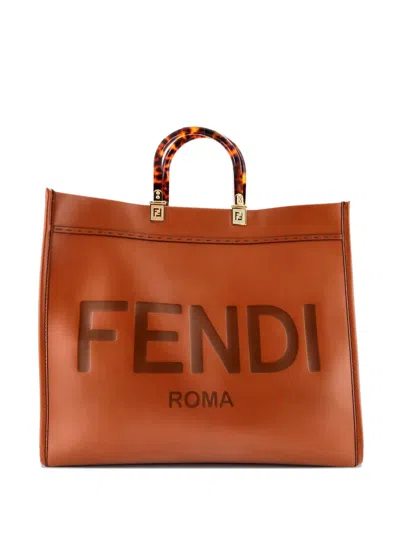 Pre-owned Fendi Sunshine Shopper Leather Large Tote Bag In Brown