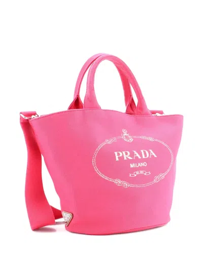 Pre-owned Prada Canapa Convertible Shopping Tote Canvas Medium Bucket Bag In Pink