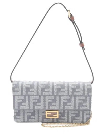 Pre-owned Fendi 2010-2025 Denim Effect Ff Jacquard Wallet On Chain Baguette Satchel In Blue