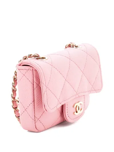Pre-owned Chanel Classic Flap Chain Quilted Caviar Mini Belt Bag In Pink