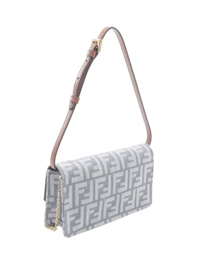 Pre-owned Fendi 2010-2025 Denim Effect Ff Jacquard Wallet On Chain Baguette Satchel In Blue