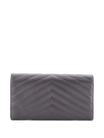 Pre-owned Saint Laurent Classic Monogram Flap Wallet Matelasse Chevron Leather Large Small Wallets In Gray