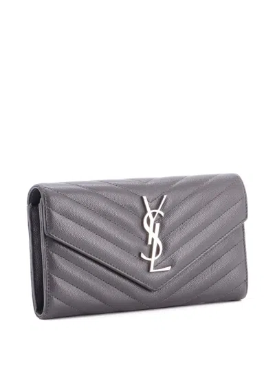 Pre-owned Saint Laurent Classic Monogram Flap Wallet Matelasse Chevron Leather Large Small Wallets In Gray