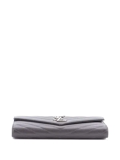 Pre-owned Saint Laurent Classic Monogram Flap Wallet Matelasse Chevron Leather Large Small Wallets In Gray