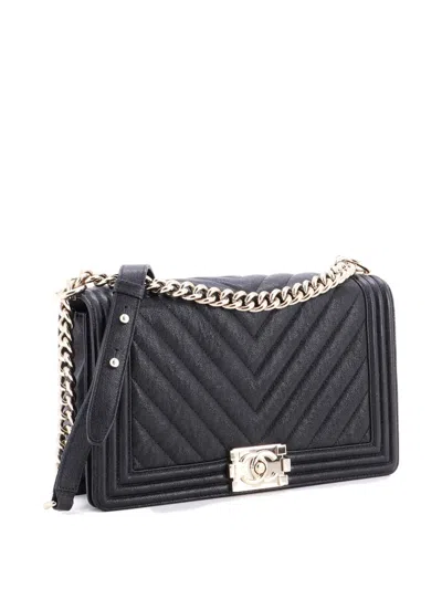 Pre-owned Chanel Boy Flap Bag Chevron Caviar New Medium Shoulder Bag In Black