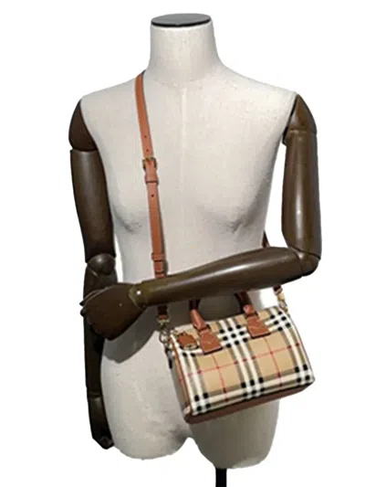 Pre-owned Burberry 2018-2025 Mini House Check Coated Canvas Bowling Bag Satchel In Brown