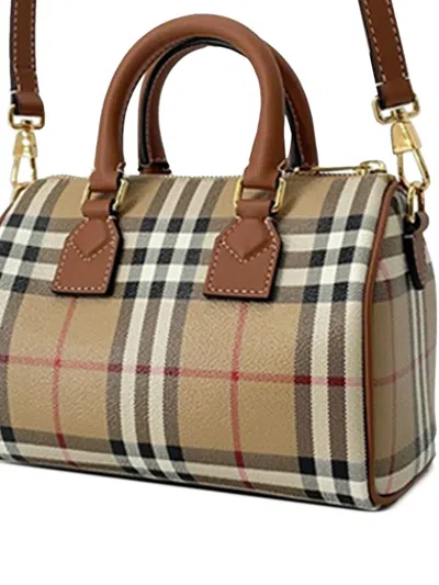Pre-owned Burberry 2018-2025 Mini House Check Coated Canvas Bowling Bag Satchel In Brown
