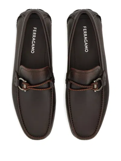 Ferragamo Gancini Braided Driver Loafers In Brown
