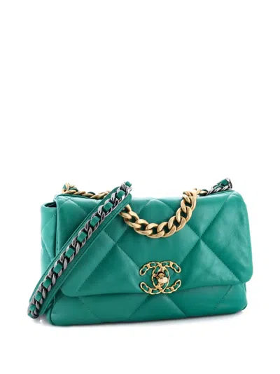 Pre-owned Chanel 19 Flap Bag Quilted Leather Medium Crossbody Bag In Green