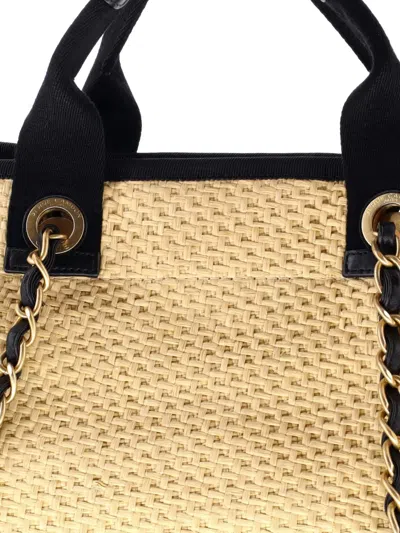Pre-owned Chanel Deauville Straw With Chain Detail Medium Tote Bag In Neutral