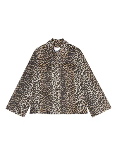 Ganni Jeansowa Leopard-print Flap-pocket Jacket In Multi