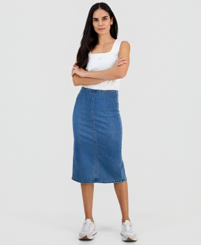 And Now This Petite Denim Pencil Midi Skirt, Macy's Exclusive In Blue