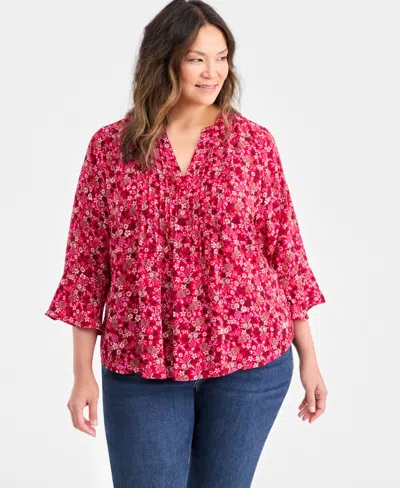 Style & Co Plus Size Pleated Ditsy-print Top, Macy's Exclusive In Pink