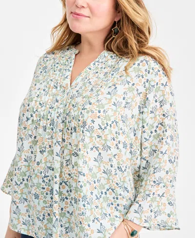 Style & Co Plus Size Pleated Ditsy-print Top, Macy's Exclusive In Green