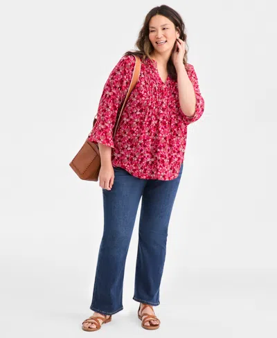 Style & Co Plus Size Pleated Ditsy-print Top, Macy's Exclusive In Pink