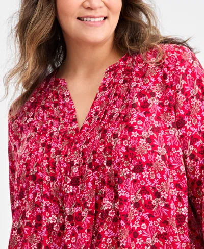 Style & Co Plus Size Pleated Ditsy-print Top, Macy's Exclusive In Pink
