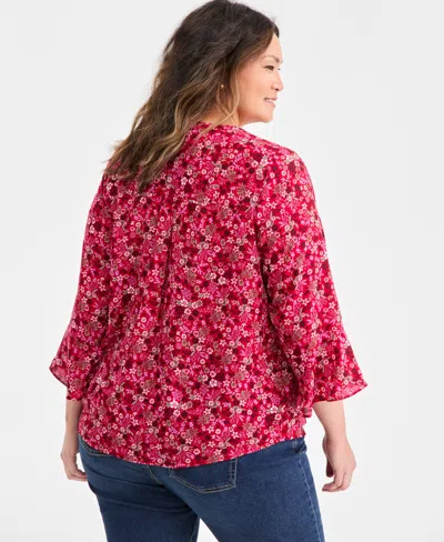 Style & Co Plus Size Pleated Ditsy-print Top, Macy's Exclusive In Pink