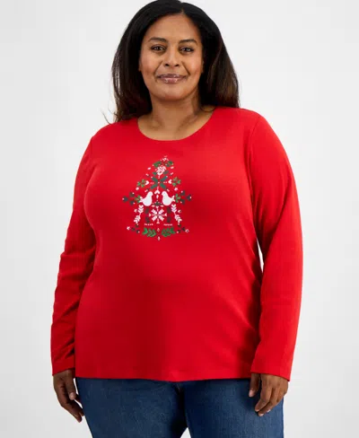 Holiday Lane Plus Size Scandi Tree Graphic Long-sleeve T-shirt, Macy's Exclusive In Red