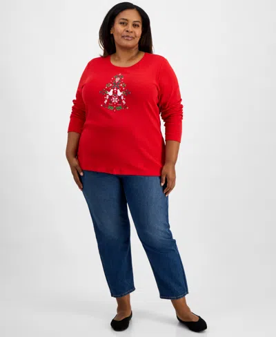 Holiday Lane Plus Size Scandi Tree Graphic Long-sleeve T-shirt, Macy's Exclusive In Red
