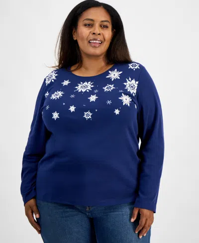 Holiday Lane Plus Size Snowflake Graphic Long-sleeve T-shirt, Macy's Exclusive In Blue