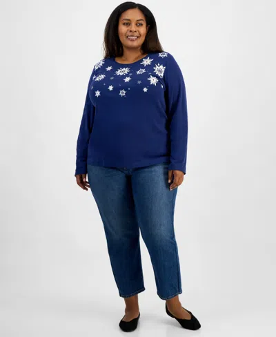 Holiday Lane Plus Size Snowflake Graphic Long-sleeve T-shirt, Macy's Exclusive In Blue