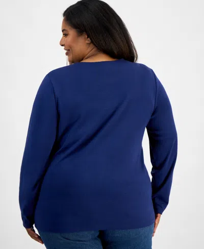 Holiday Lane Plus Size Snowflake Graphic Long-sleeve T-shirt, Macy's Exclusive In Blue