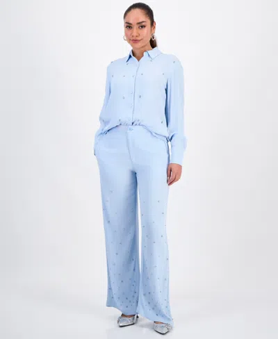 Inc International Concepts Petite Embellished High-rise Wide-leg Pants, Macy's Exclusive In Blue