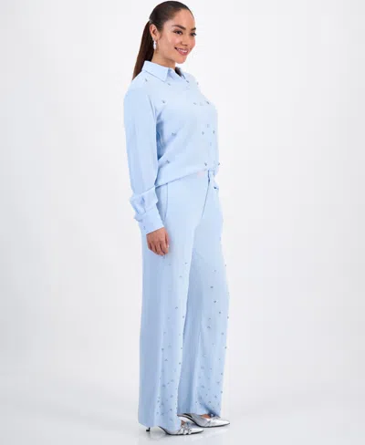 Inc International Concepts Petite Embellished High-rise Wide-leg Pants, Macy's Exclusive In Blue
