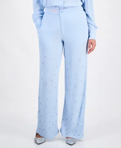 Inc International Concepts Petite Embellished High-rise Wide-leg Pants, Macy's Exclusive In Blue