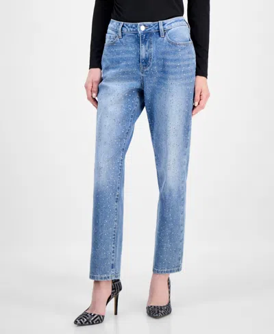 Inc International Concepts Petite Embellished High-rise Straight Jeans, Macy's Exclusive In Blue