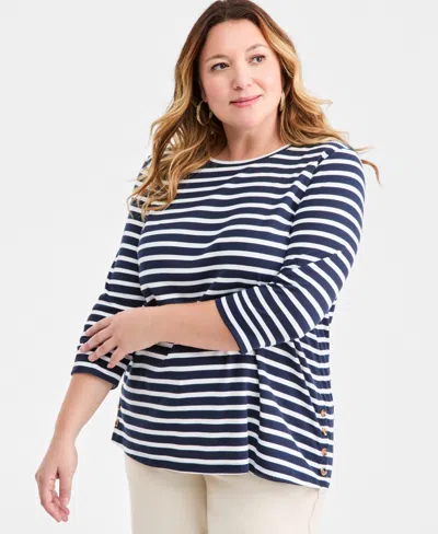 Style & Co Plus Size Striped Side-button Knit Tunic Top, Macy's Exclusive In Blue