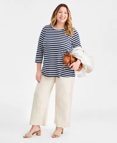 Style & Co Plus Size Striped Side-button Knit Tunic Top, Macy's Exclusive In Blue