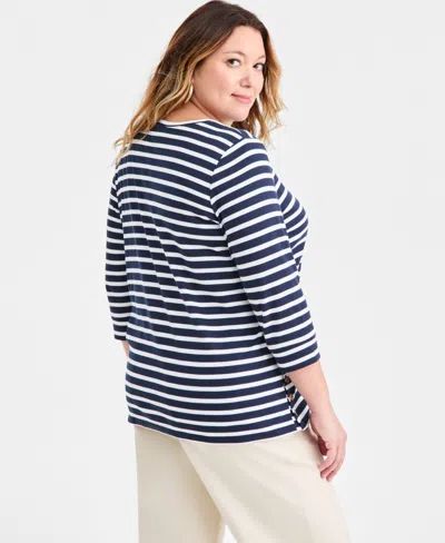 Style & Co Plus Size Striped Side-button Knit Tunic Top, Macy's Exclusive In Blue