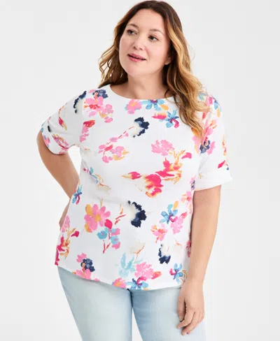 Style & Co Plus Size Boat-neck Cuffed-sleeve Top, Macy's Exclusive In White