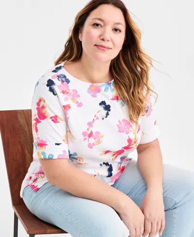 Style & Co Plus Size Boat-neck Cuffed-sleeve Top, Macy's Exclusive In White