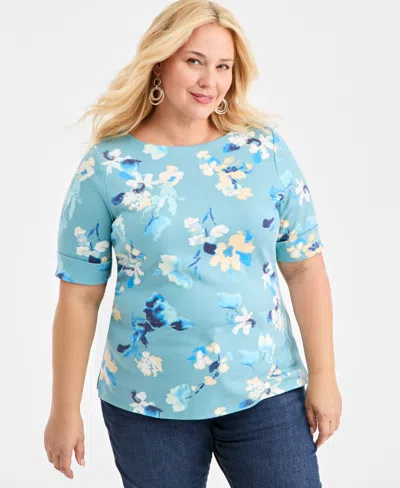 Style & Co Plus Size Boat-neck Cuffed-sleeve Top, Macy's Exclusive In Blue