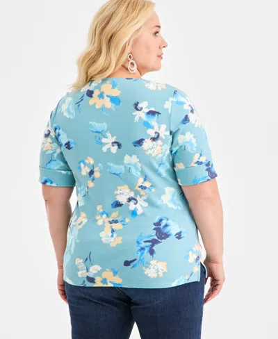 Style & Co Plus Size Boat-neck Cuffed-sleeve Top, Macy's Exclusive In Blue