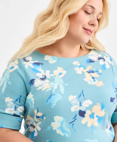 Style & Co Plus Size Boat-neck Cuffed-sleeve Top, Macy's Exclusive In Blue