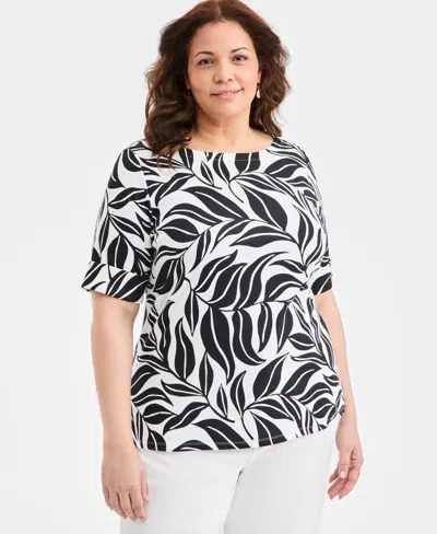 Style & Co Plus Size Boat-neck Cuffed-sleeve Top, Macy's Exclusive In Black
