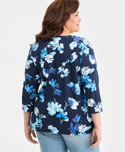 Style & Co Plus Printed Size Side-button Knit Tunic Top, Macy's Exclusive In Blue