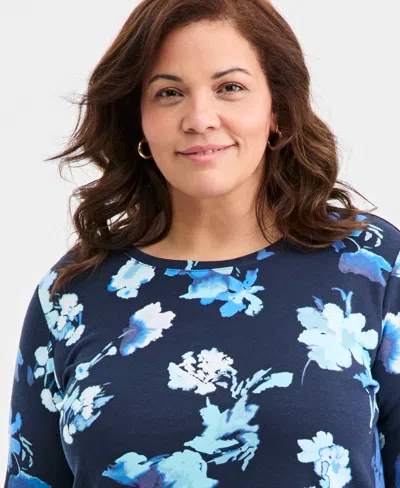 Style & Co Plus Printed Size Side-button Knit Tunic Top, Macy's Exclusive In Blue