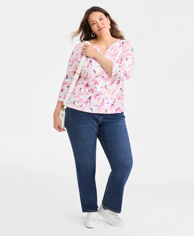 Style & Co Plus Size Printed Henley 3/4-sleeve Top, Macy's Exclusive In Multi