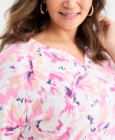 Style & Co Plus Size Printed Henley 3/4-sleeve Top, Macy's Exclusive In Multi