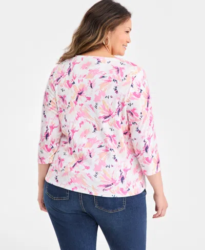 Style & Co Plus Size Printed Henley 3/4-sleeve Top, Macy's Exclusive In Multi