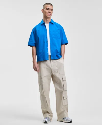 Mode Of One Men's Relaxed Fit Short Sleeve Ripstop Button-front Shirt, Macy's Exclusive In Blue