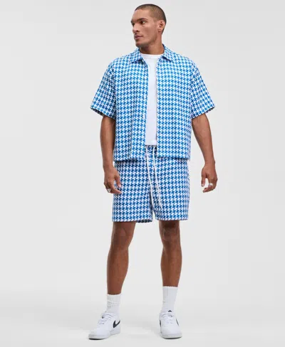 Mode Of One Men's Relaxed Fit Short Sleeve Yarn-dyed Geo Button-front Shirt, Macy's Exclusive In Blue