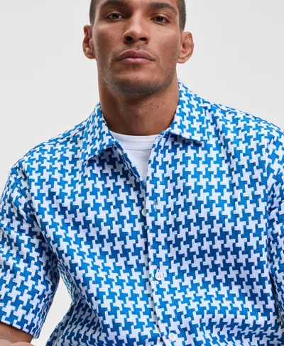 Mode Of One Men's Relaxed Fit Short Sleeve Yarn-dyed Geo Button-front Shirt, Macy's Exclusive In Blue