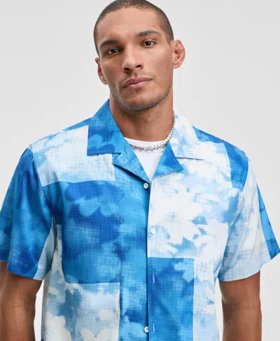 Mode Of One Men's Relaxed Fit Short Sleeve Pointillism Print Button-front Camp Shirt, Macy's Exclusive In Blue