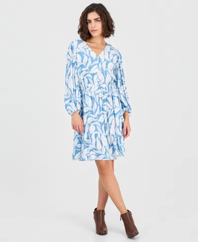Style & Co Petite Printed Blouson-sleeve Babydoll Dress, Macy's Exclusive In Blue
